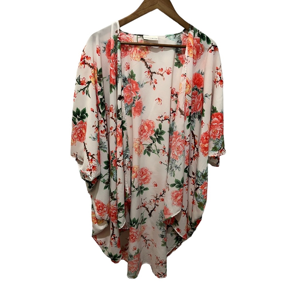 SELF CRUSH FLORAL ORANGE ROSES WATERFALL OPEN FRONT OVERSIZED KIMONO